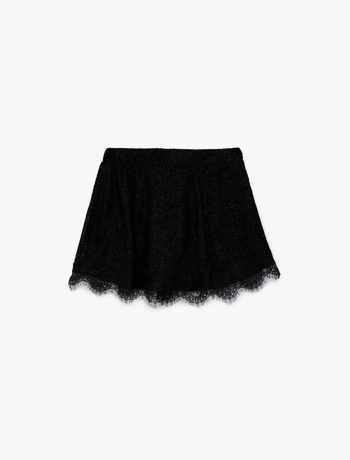 Kız Çocuk Dantel Detaylı Beli Lastikli Sim Detaylı Mini Etek