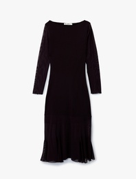 Uzun Kollu Bisiklet Yaka Volanlı Midi Elbise