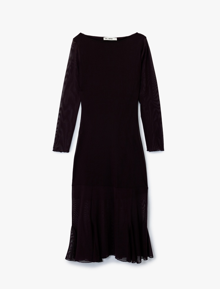  Uzun Kollu Bisiklet Yaka Volanlı Midi Elbise