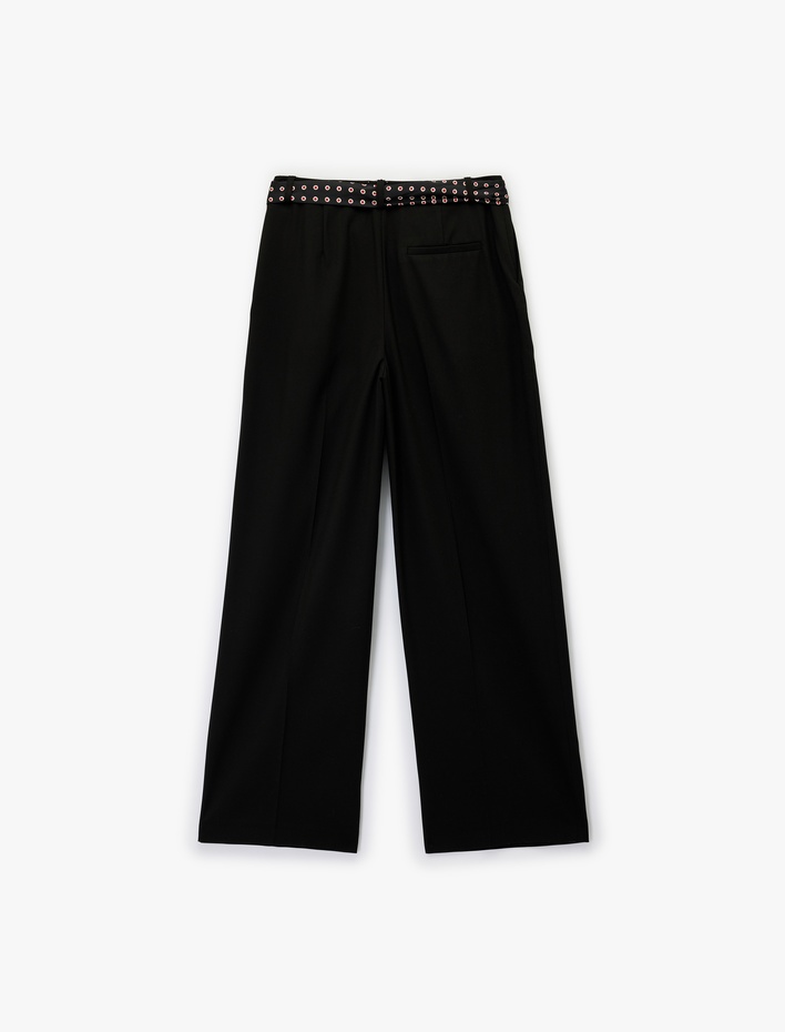  Cepli Desenli Kuşak Detaylı Düz Geniş Paça Palazzo Pantolon