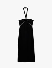 Boyundan Bağlamalı Midi Boy Taşlı Kadife Elbise