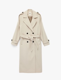 Trenç Kaban Kaşe Kruvaze Düğmeli Kemerli Cepli Uzun Kollu