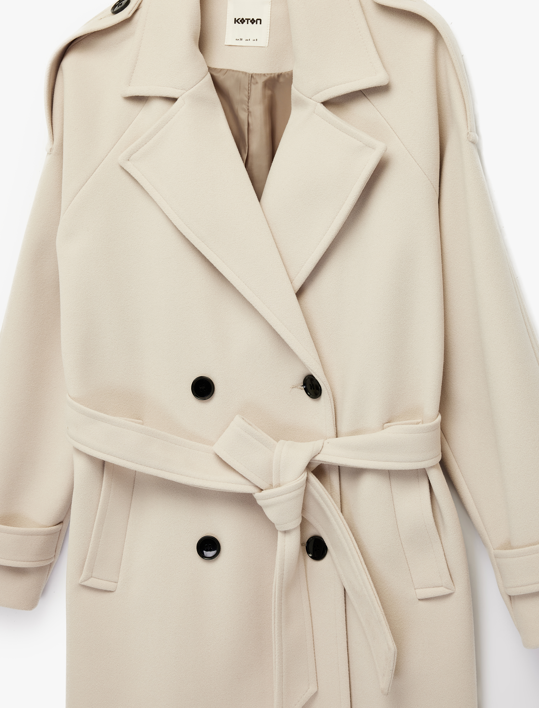   Trenç Kaban Kaşe Kruvaze Düğmeli Kemerli Cepli Uzun Kollu