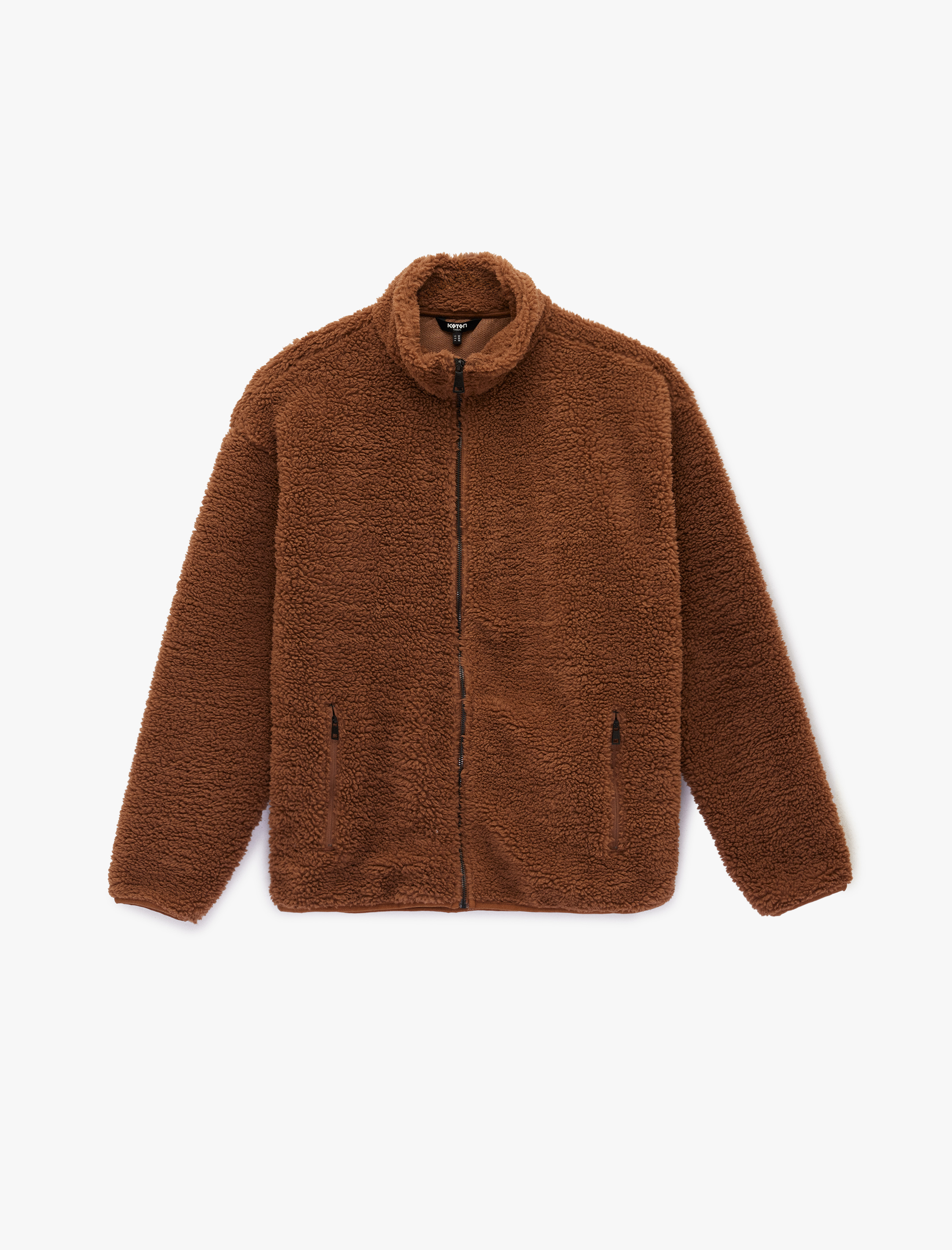   Uzun Kollu Fermuarlı Cepli Dik Yaka Peluş Ceket