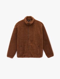 Uzun Kollu Fermuarlı Cepli Dik Yaka Peluş Ceket