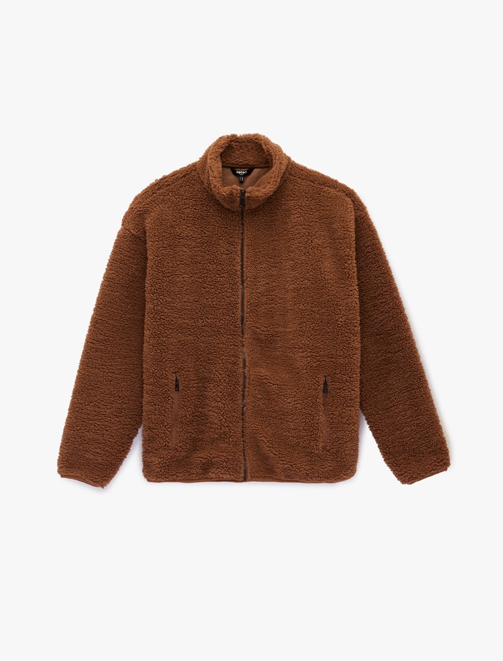  Uzun Kollu Fermuarlı Cepli Dik Yaka Peluş Ceket