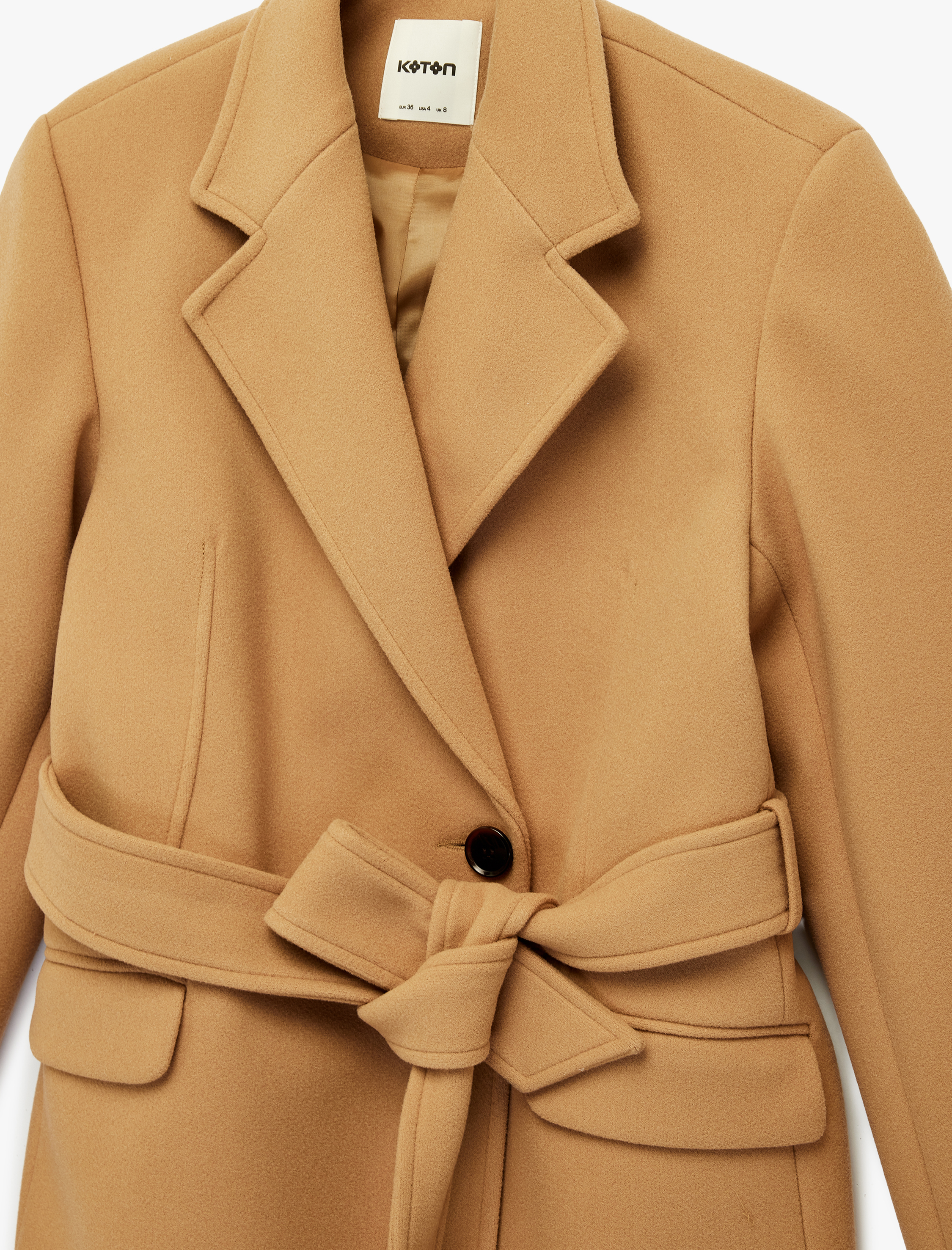   Kısa Kaban Kaşe Kemerli Cepli Kruvaze Uzun Kollu