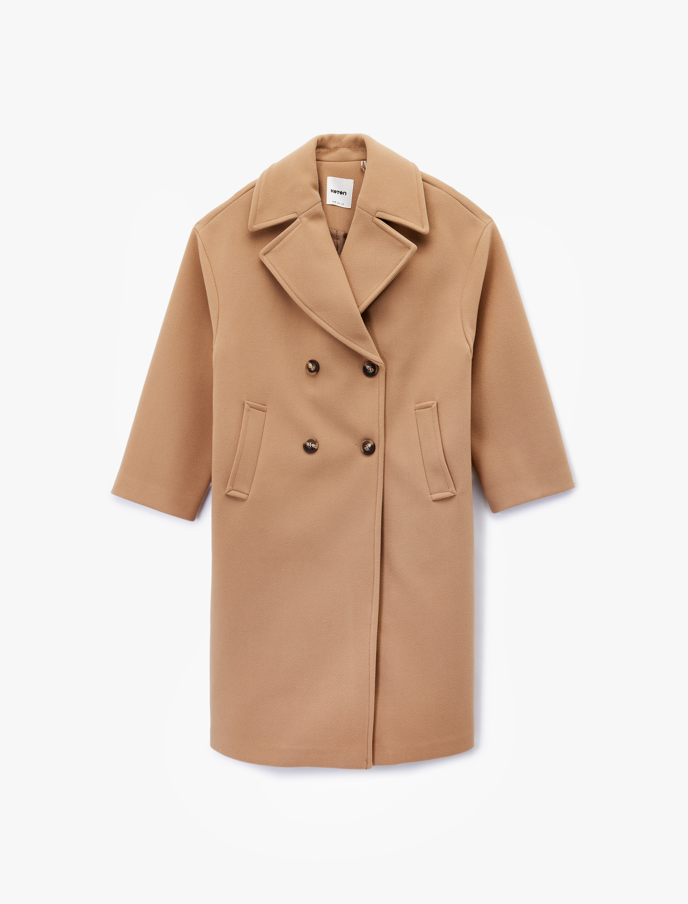   Cepli Uzun Kollu Düğmeli Kruvaze Uzun Kaşe Kaban