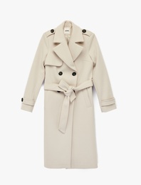 Uzun Kollu Cepli Düğmeli Kemerli Uzun Kruvaze Kaşe Kaban