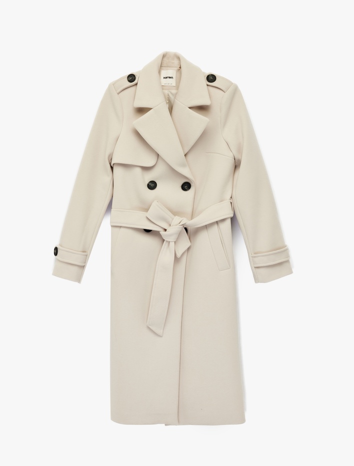  Uzun Kollu Cepli Düğmeli Kemerli Uzun Kruvaze Kaşe Kaban