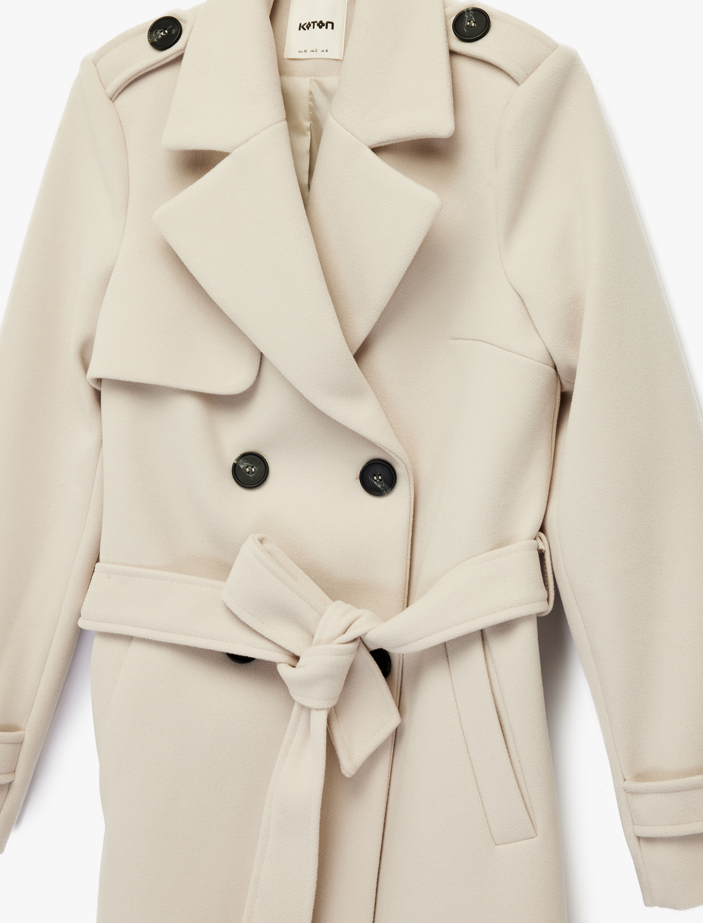   Uzun Kollu Cepli Düğmeli Kemerli Uzun Kruvaze Kaşe Kaban