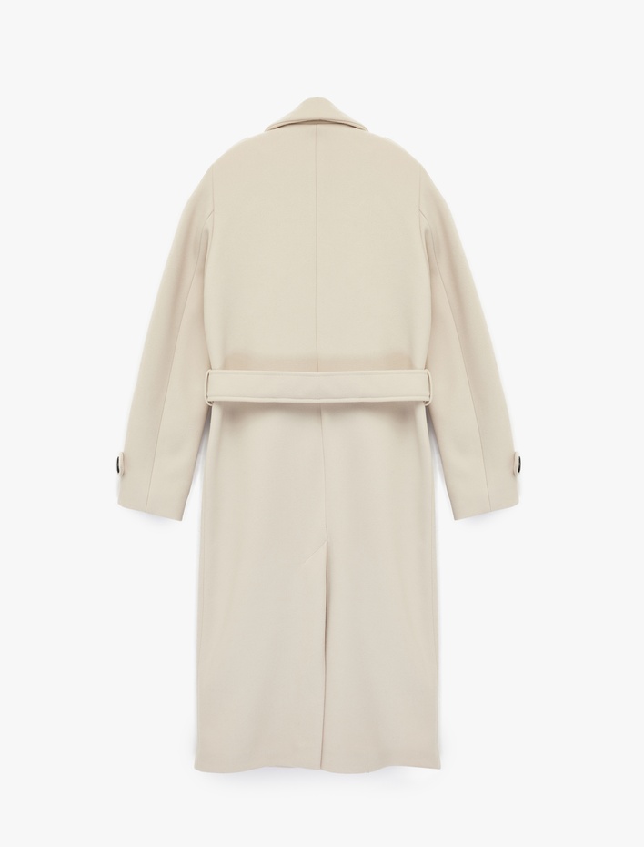  Uzun Kollu Cepli Düğmeli Kemerli Uzun Kruvaze Kaşe Kaban