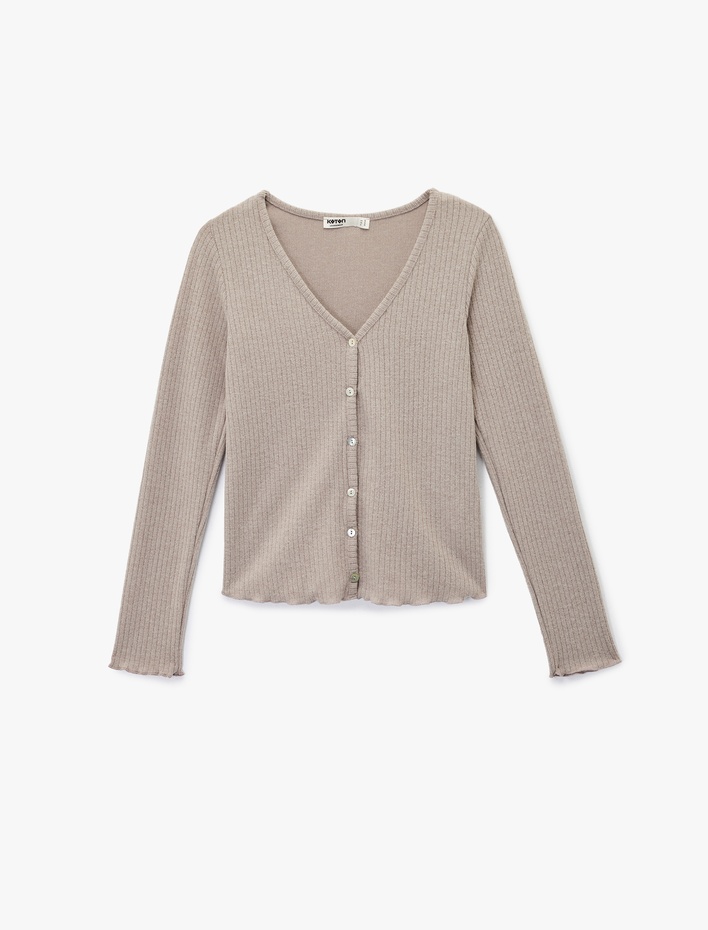  V Yaka Uzun Kollu Düğmeli Triko Pijama Üstü