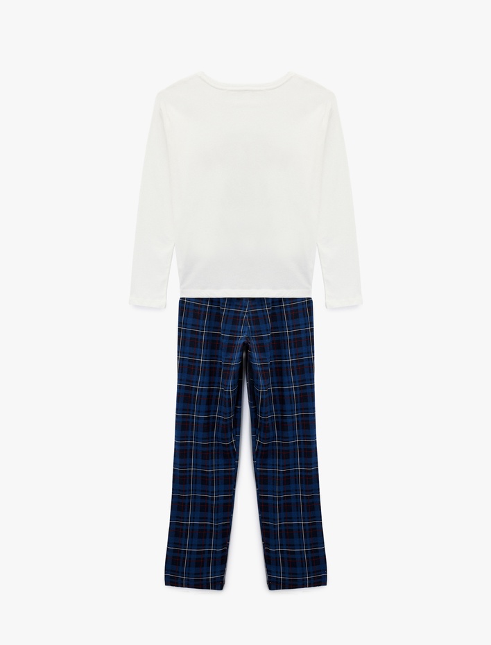  Pamuklu Uzun Kollu Bisiklet Yaka Yılbaşı Temalı Pijama Takımı