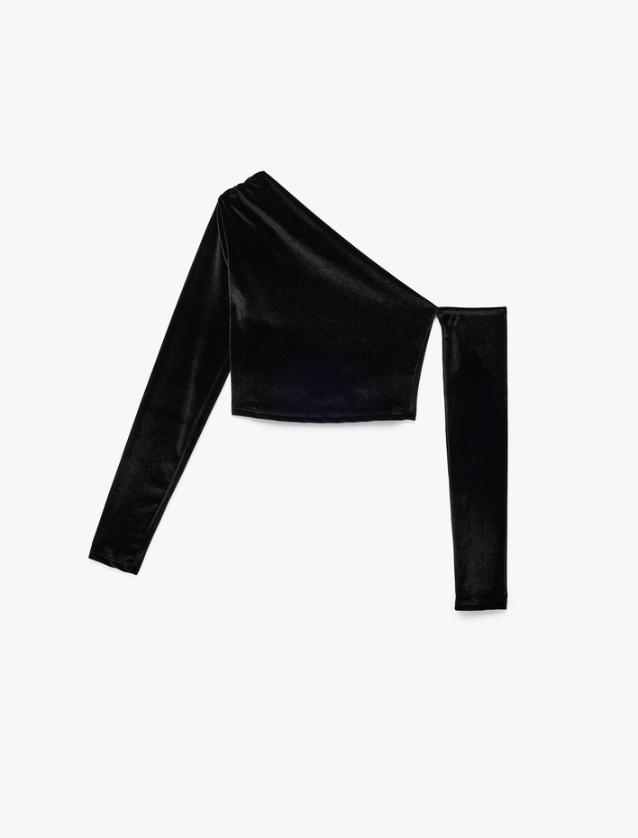  Tek Omuz Uzun Kollu Asimetrik Yaka Crop Kadife Tişört