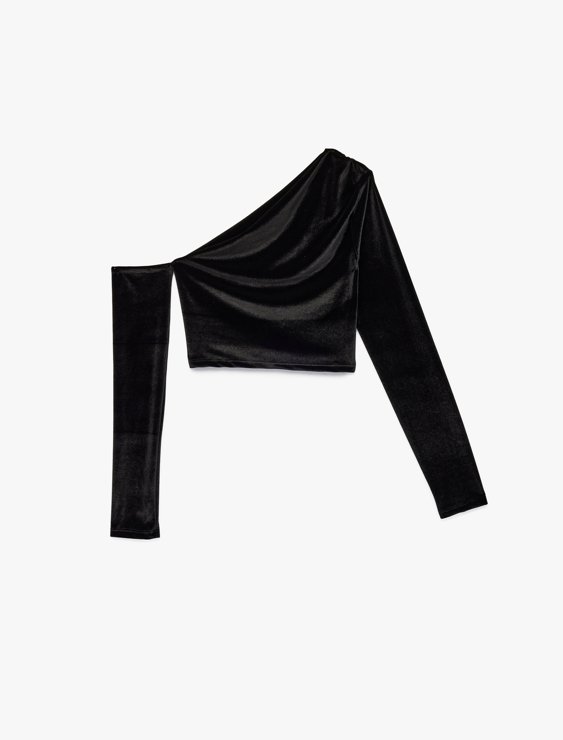   Tek Omuz Uzun Kollu Asimetrik Yaka Crop Kadife Tişört