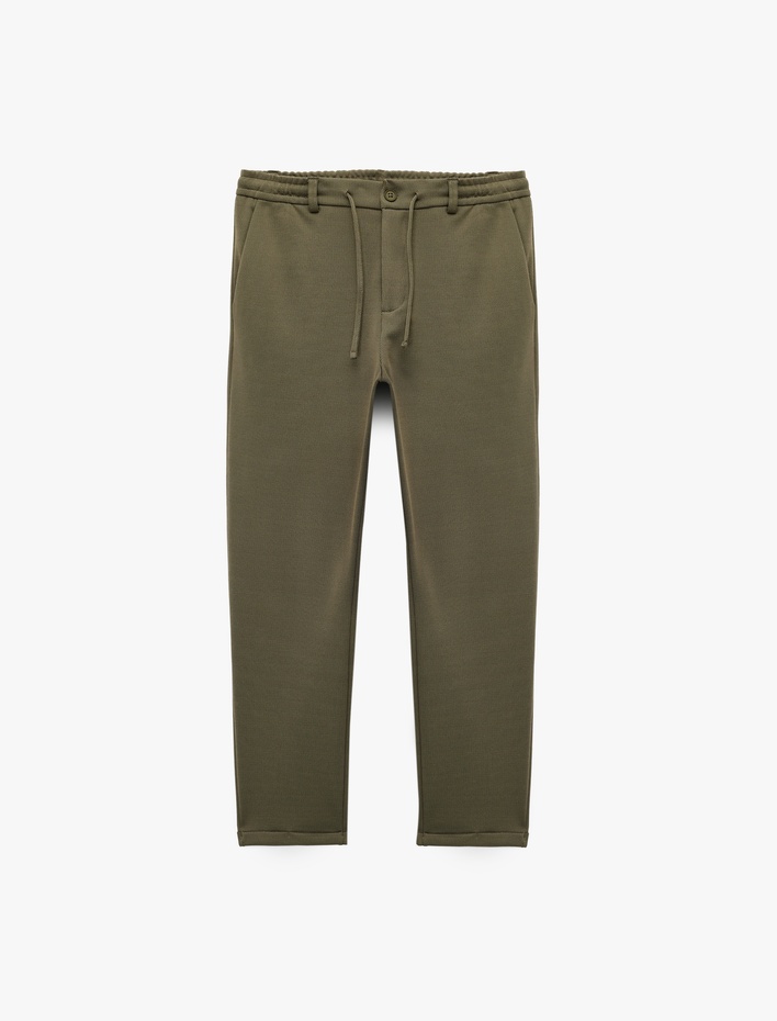  Beli Bağcıklı Düğmeli Pike Kumaş Cep Detaylı Duble Paça Slim Fit Pantolon