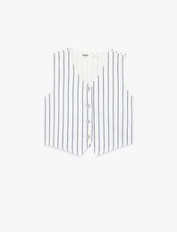 Pamuklu Kolsuz V Yaka Çizgili Denim Yelek