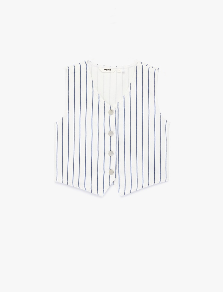 Kız Çocuk Pamuklu Kolsuz V Yaka Çizgili Denim Yelek