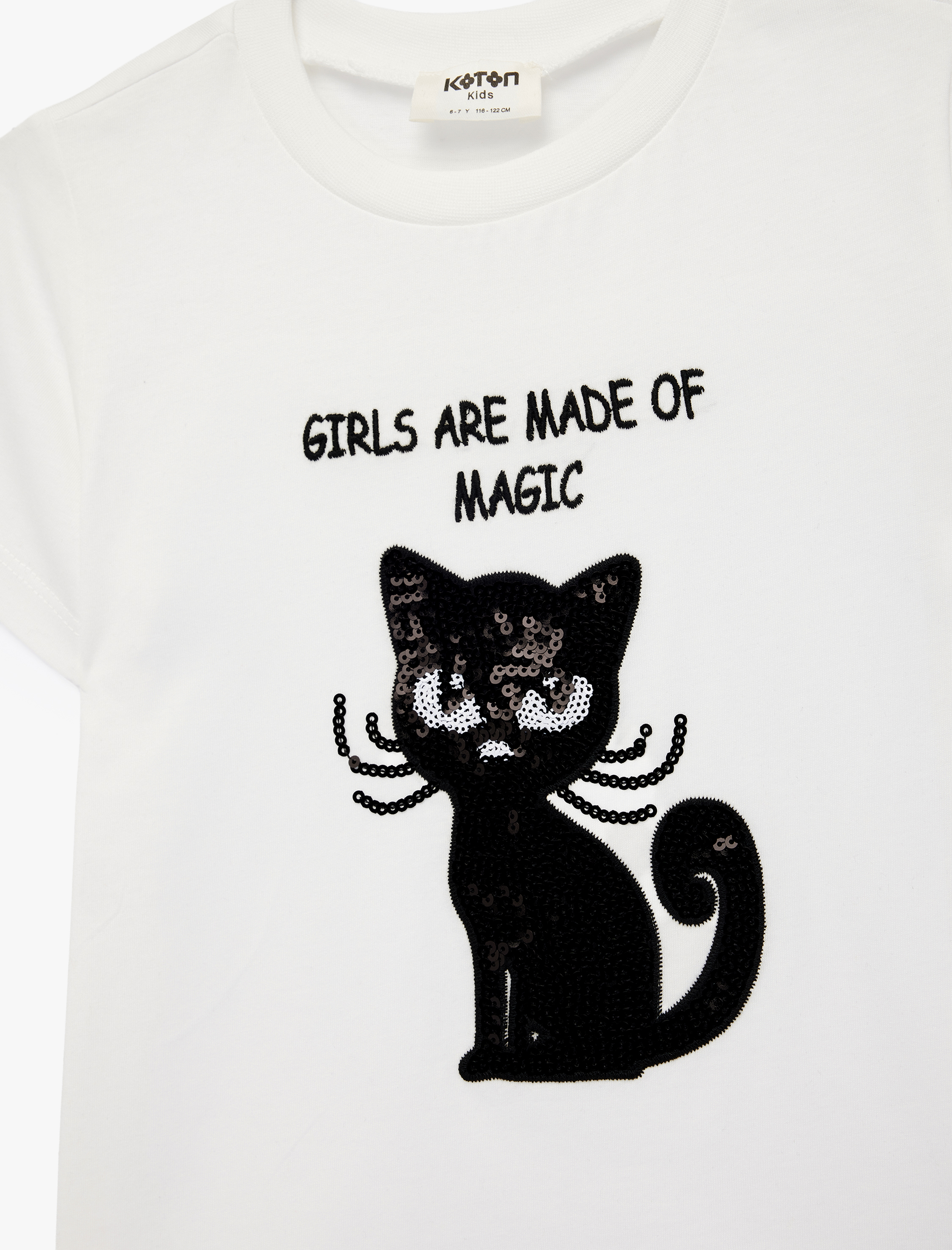  Kız Çocuk Pamuklu Kısa Kollu Bisiklet Yaka Kedi Baskılı Pullu Payetli Tişört