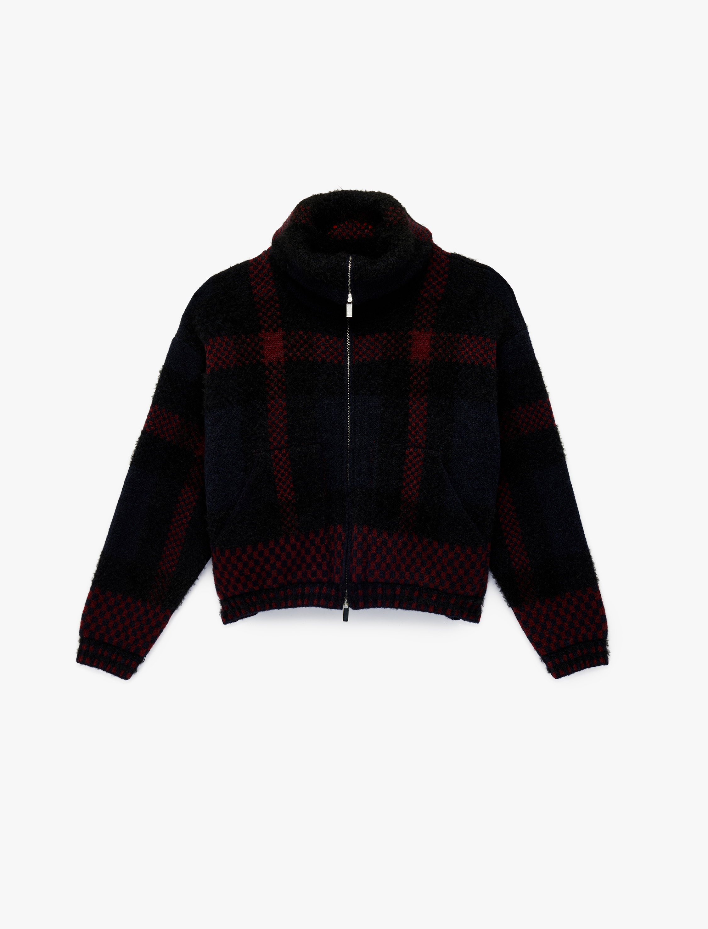   Dik Yaka Fermuarlı Ekoseli Hırka