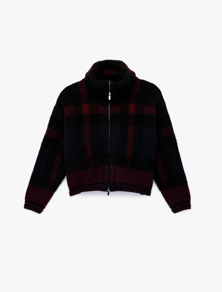  Dik Yaka Fermuarlı Ekoseli Hırka