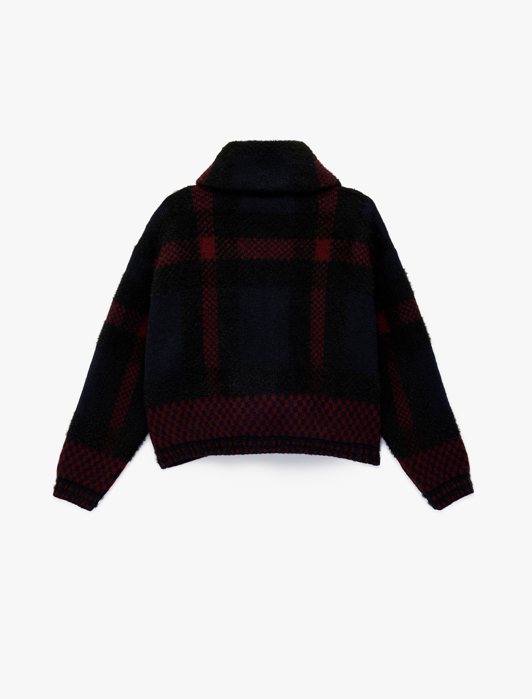   Dik Yaka Fermuarlı Ekoseli Hırka