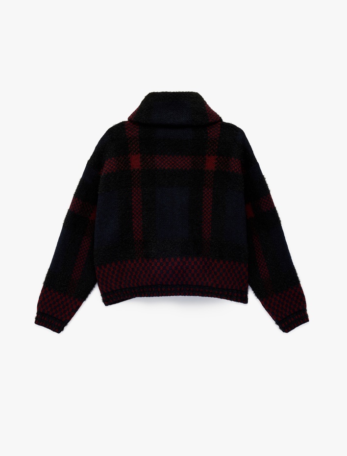  Dik Yaka Fermuarlı Ekoseli Hırka