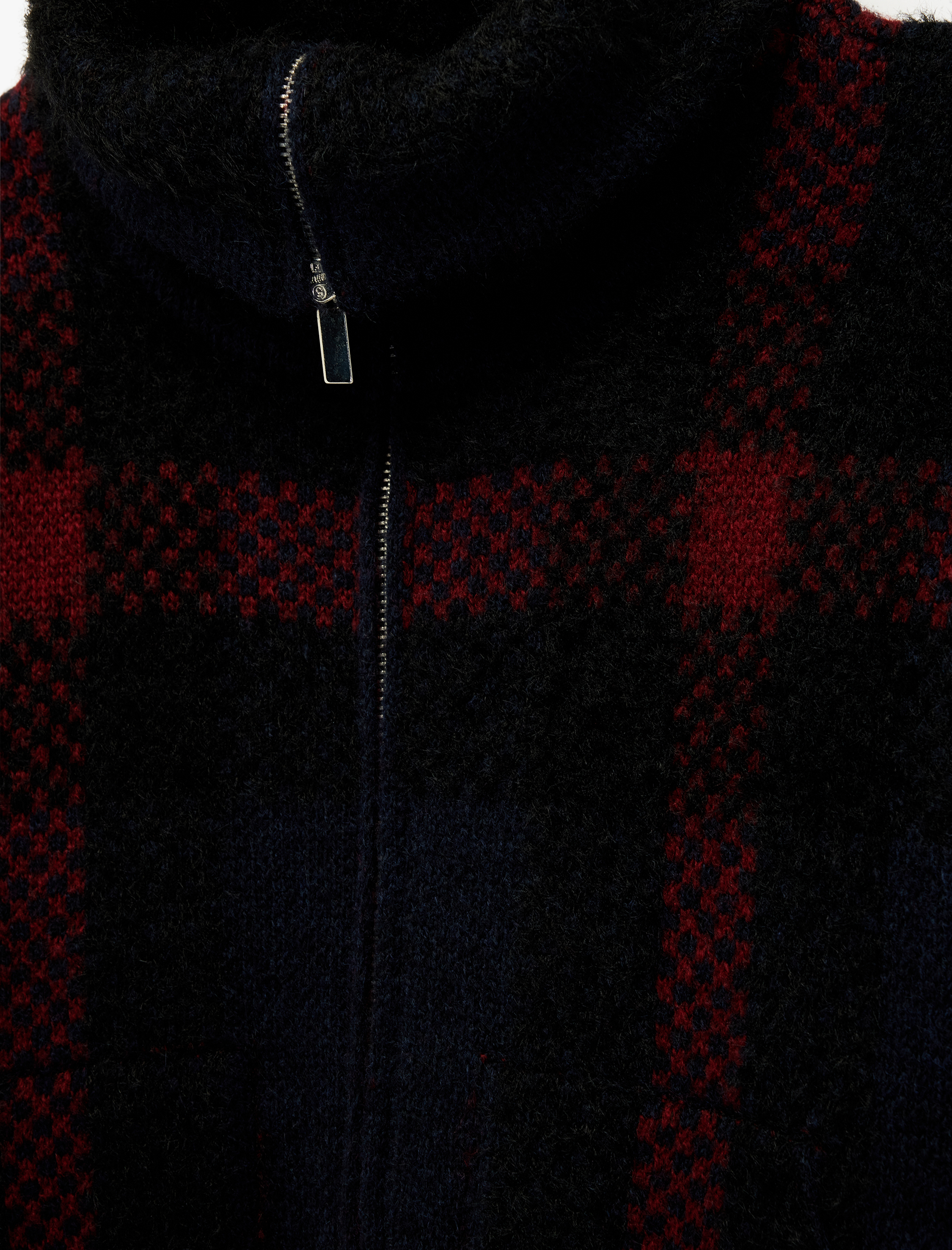   Dik Yaka Fermuarlı Ekoseli Hırka