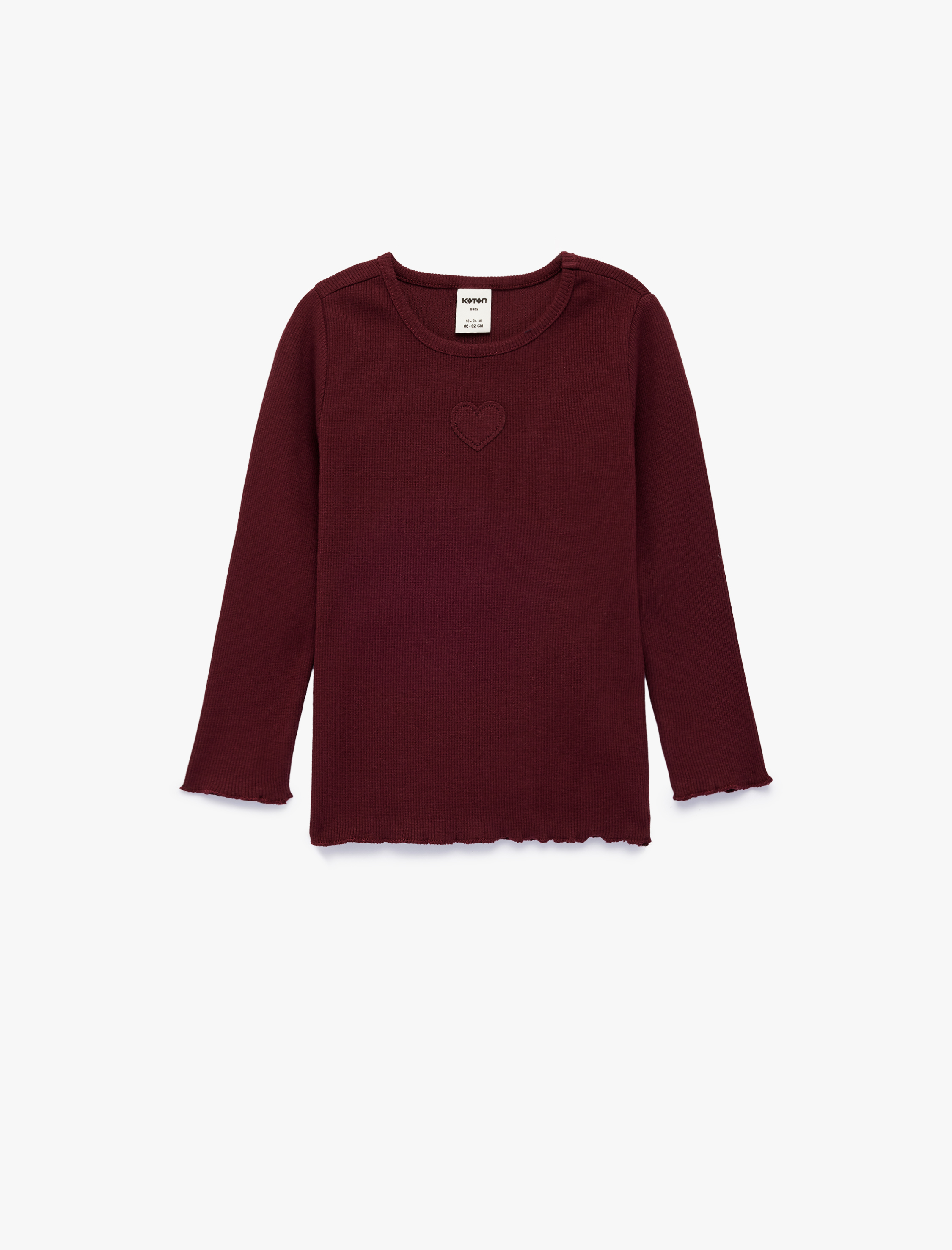  Kız Bebek Kalp Detaylı Uzun Kollu Bisiklet Yaka Pamuklu Tişört