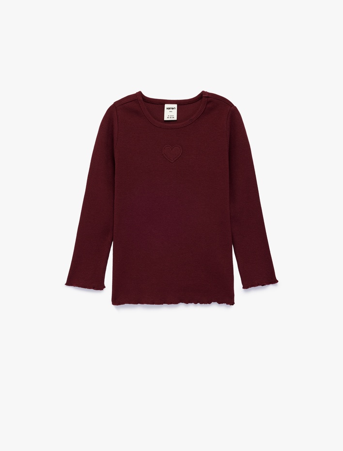 Kız Bebek Kalp Detaylı Uzun Kollu Bisiklet Yaka Pamuklu Tişört