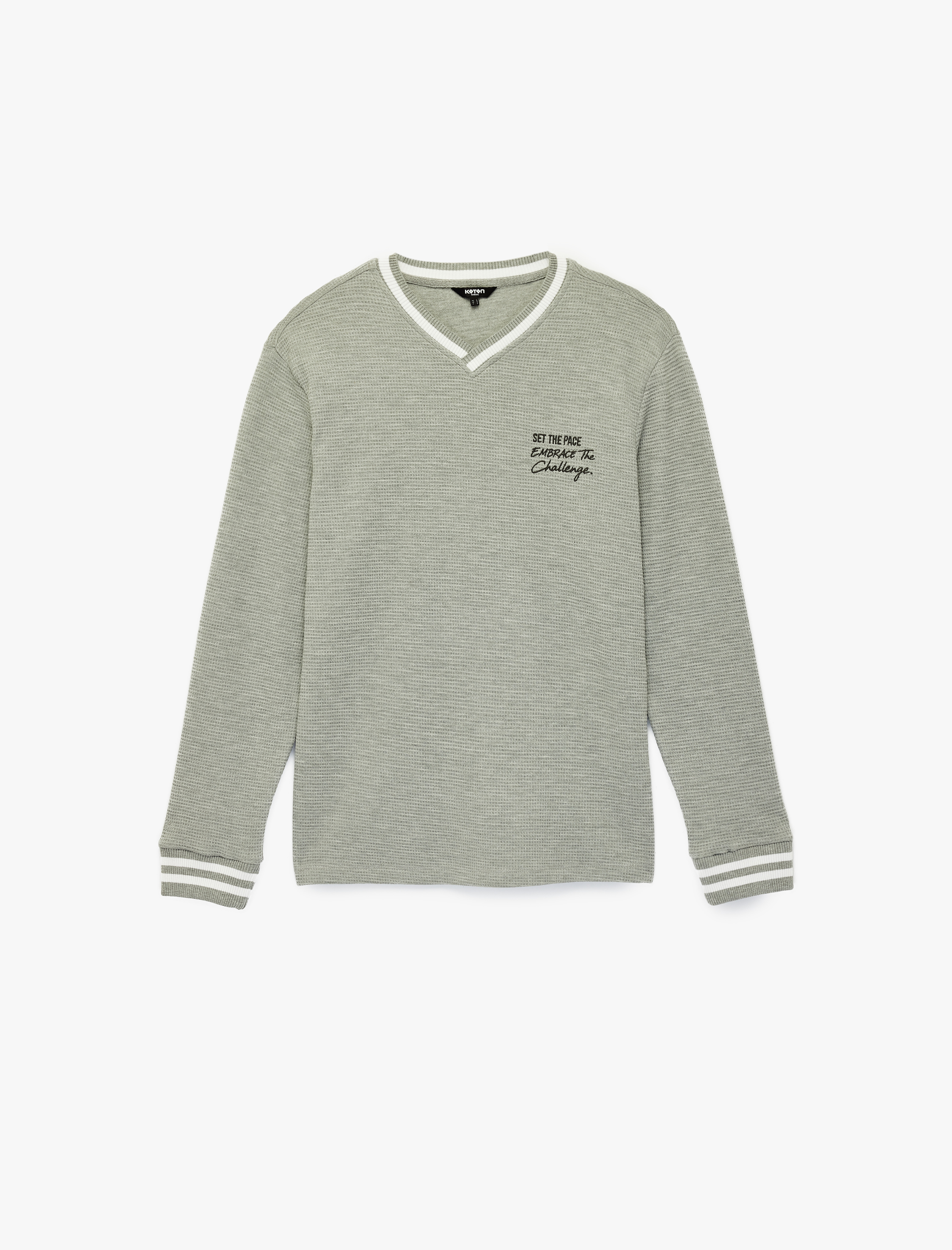   Regular Fit Çizgi Detaylı Nakışlı Dokulu V Yaka Sweatshirt