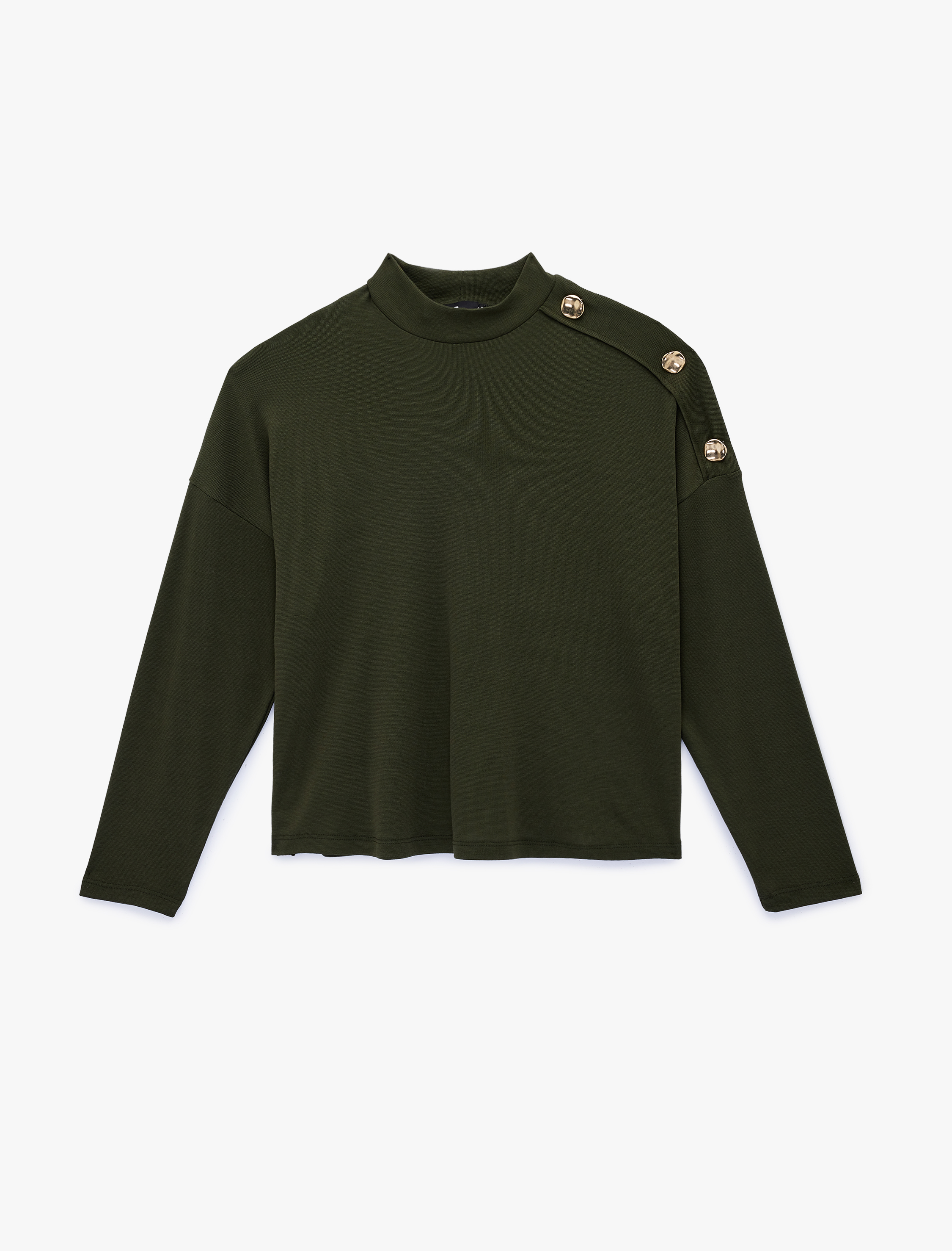   Uzun Kollu Düğme Aksesuar Detaylı Dik Yaka Triko Kazak