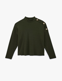 Uzun Kollu Düğme Aksesuar Detaylı Dik Yaka Triko Kazak