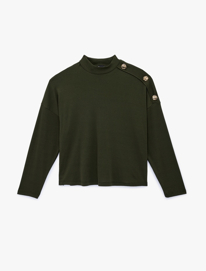  Uzun Kollu Düğme Aksesuar Detaylı Dik Yaka Triko Kazak