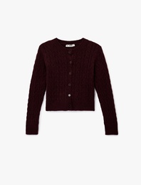 Bisiklet Yaka Düğmeli Saç Örgü Dokulu Triko Hırka