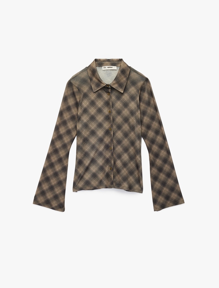  Klasik Yaka Düğmeli Slim Fit Ekoseli Tül Hırka