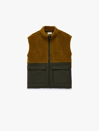 Fermuarlı Cep Detaylı Dik Yaka Kolsuz Polar Yelek