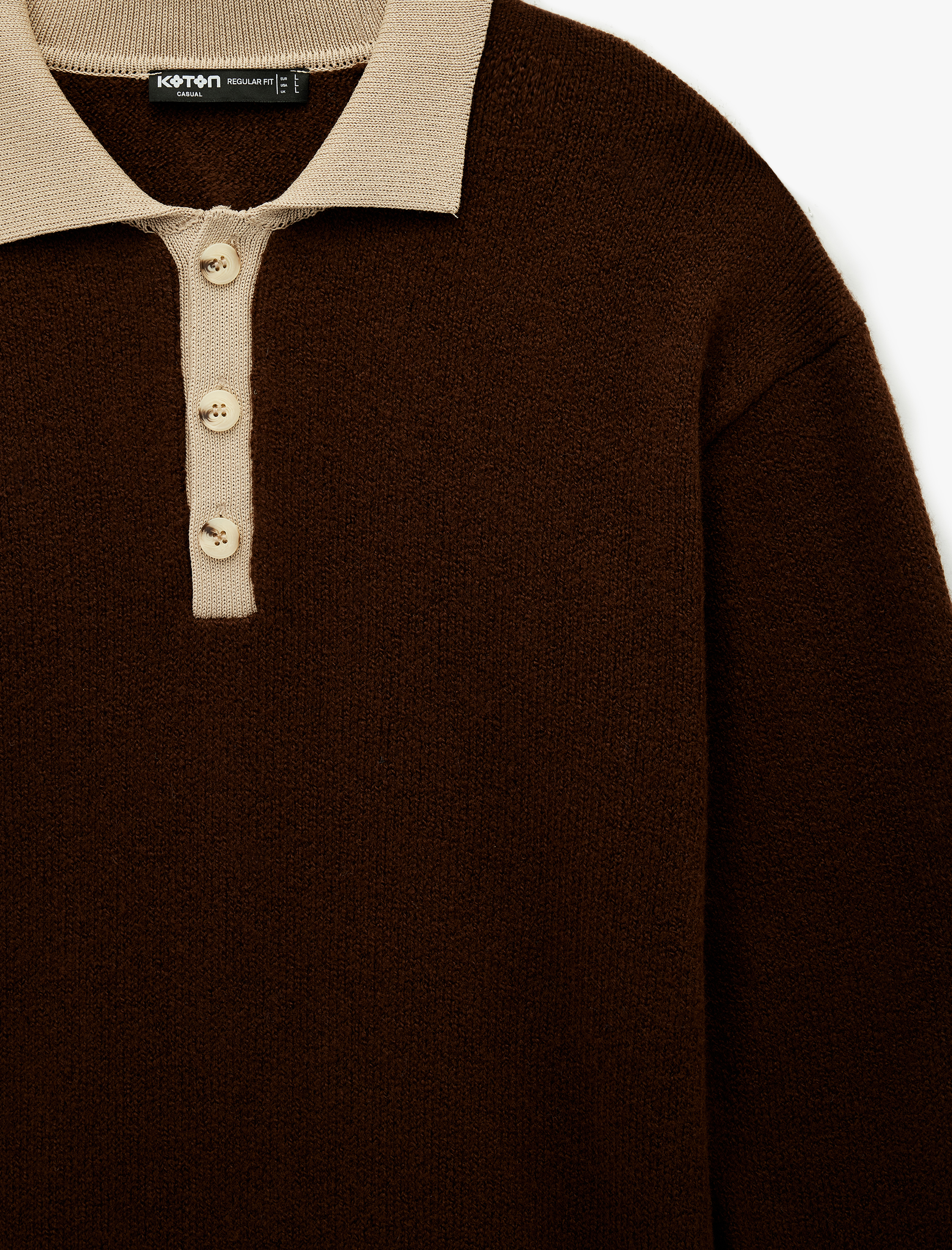   Uzun Kollu Renk Kontrastlı Düğmeli Polo Yaka Triko Kazak