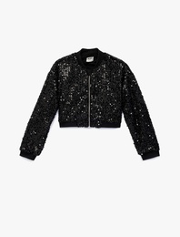 Uzun Kollu Pullu Payetli Fermuarlı Bomber Ceket