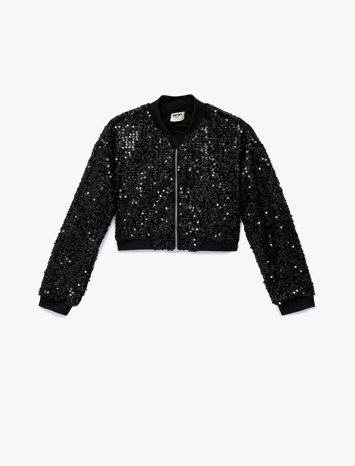 Kız Çocuk Uzun Kollu Pullu Payetli Fermuarlı Bomber Ceket