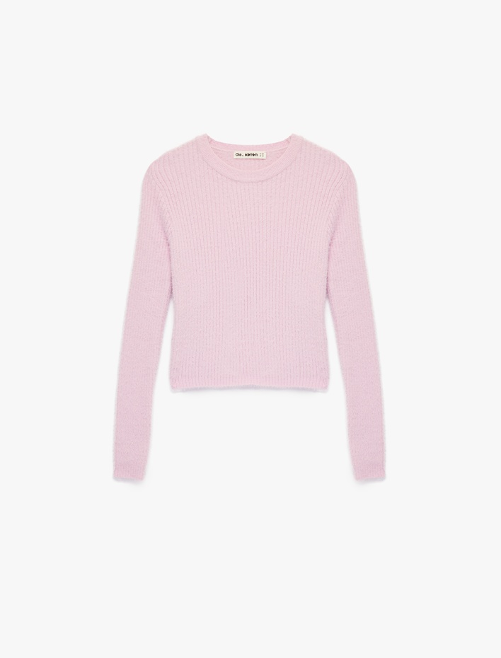  Uzun Kollu Bisiklet Yaka Slim Fit Dokulu Triko Crop Kazak