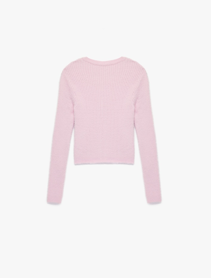  Uzun Kollu Bisiklet Yaka Slim Fit Dokulu Triko Crop Kazak