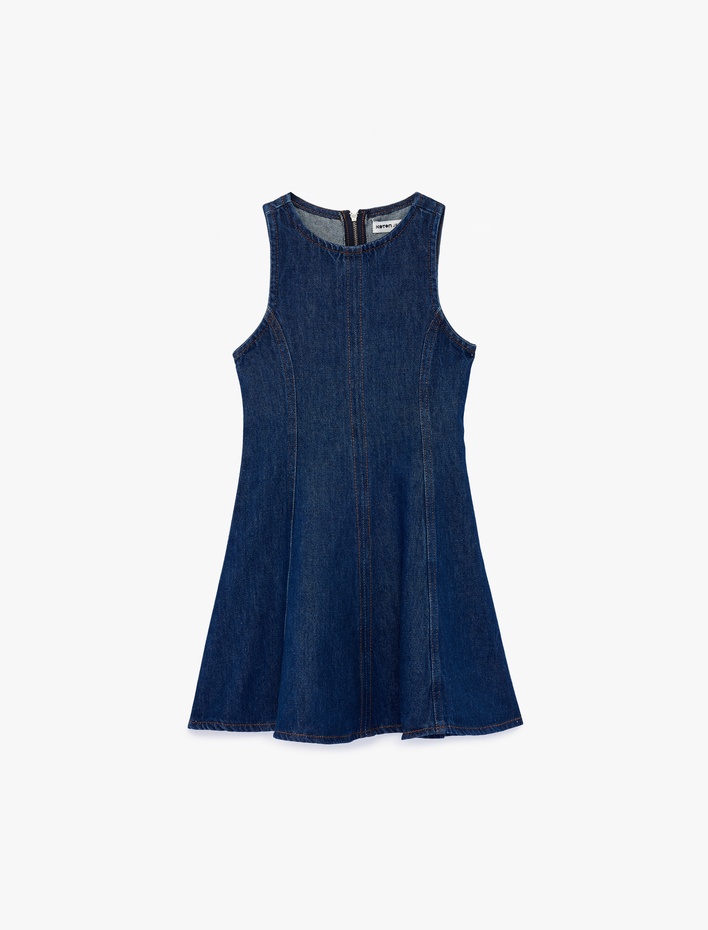 Kız Çocuk Pamuklu Kolsuz Bisiklet Yaka Denim Elbise