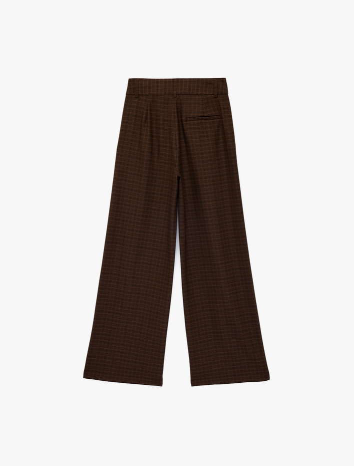  Yüksek Bel Kemer Detaylı Ekoseli Geniş Paça Pantolon