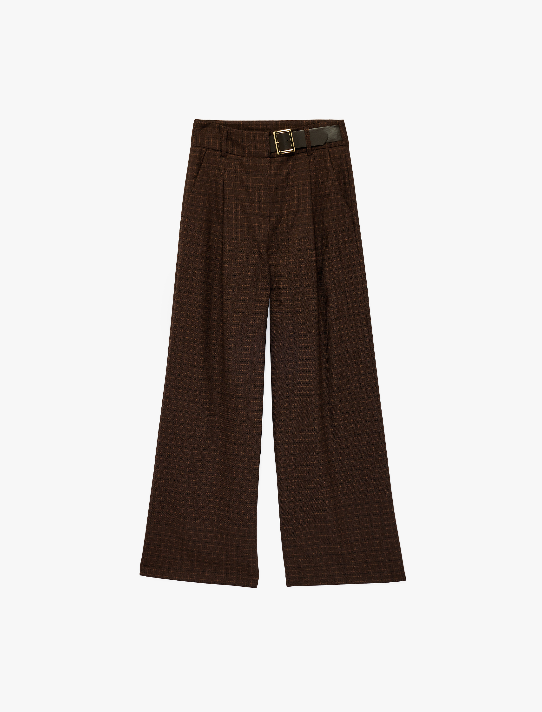   Yüksek Bel Kemer Detaylı Ekoseli Geniş Paça Pantolon