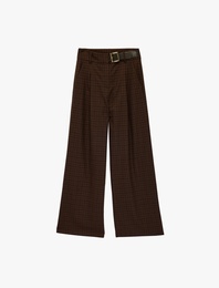 Yüksek Bel Kemer Detaylı Ekoseli Geniş Paça Pantolon