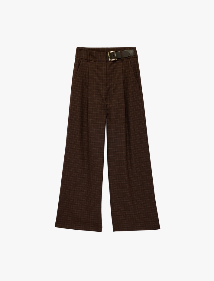  Yüksek Bel Kemer Detaylı Ekoseli Geniş Paça Pantolon