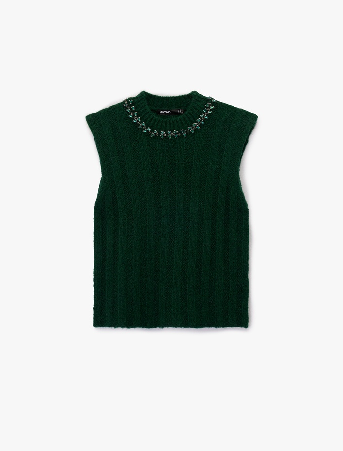  Alpaka Yün Karışımlı Bisiklet Yaka Taşlı Örgü Süveter