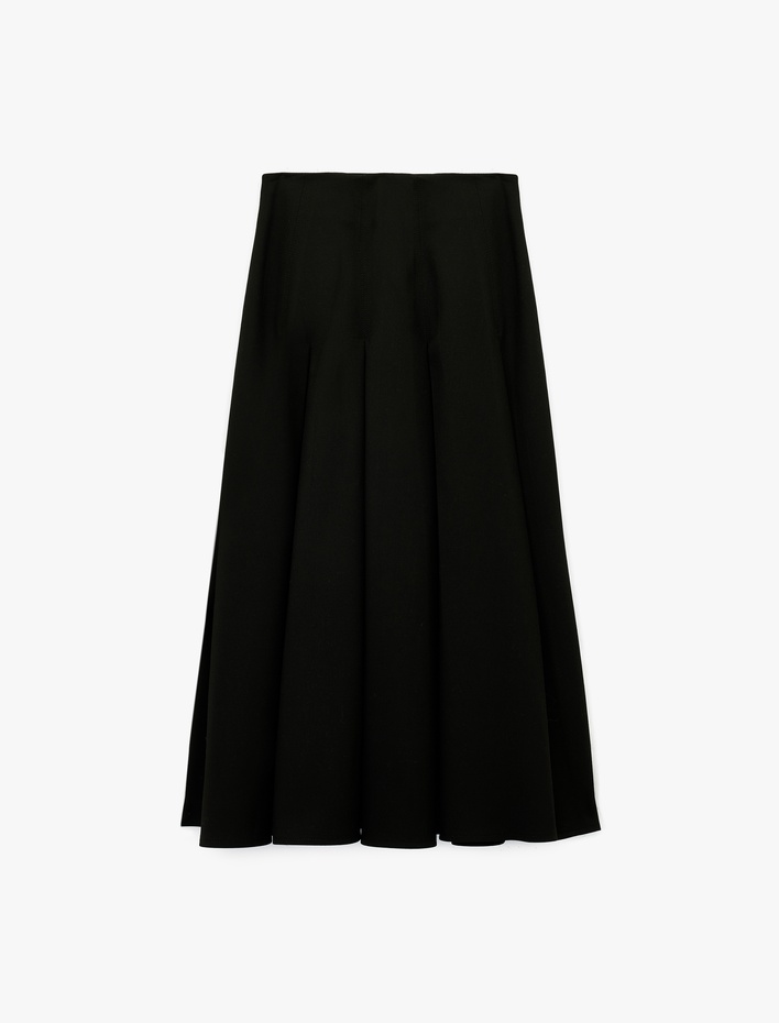  Yüksek Bel A Kesim Viskon Karışımlı Pileli Uzun Etek